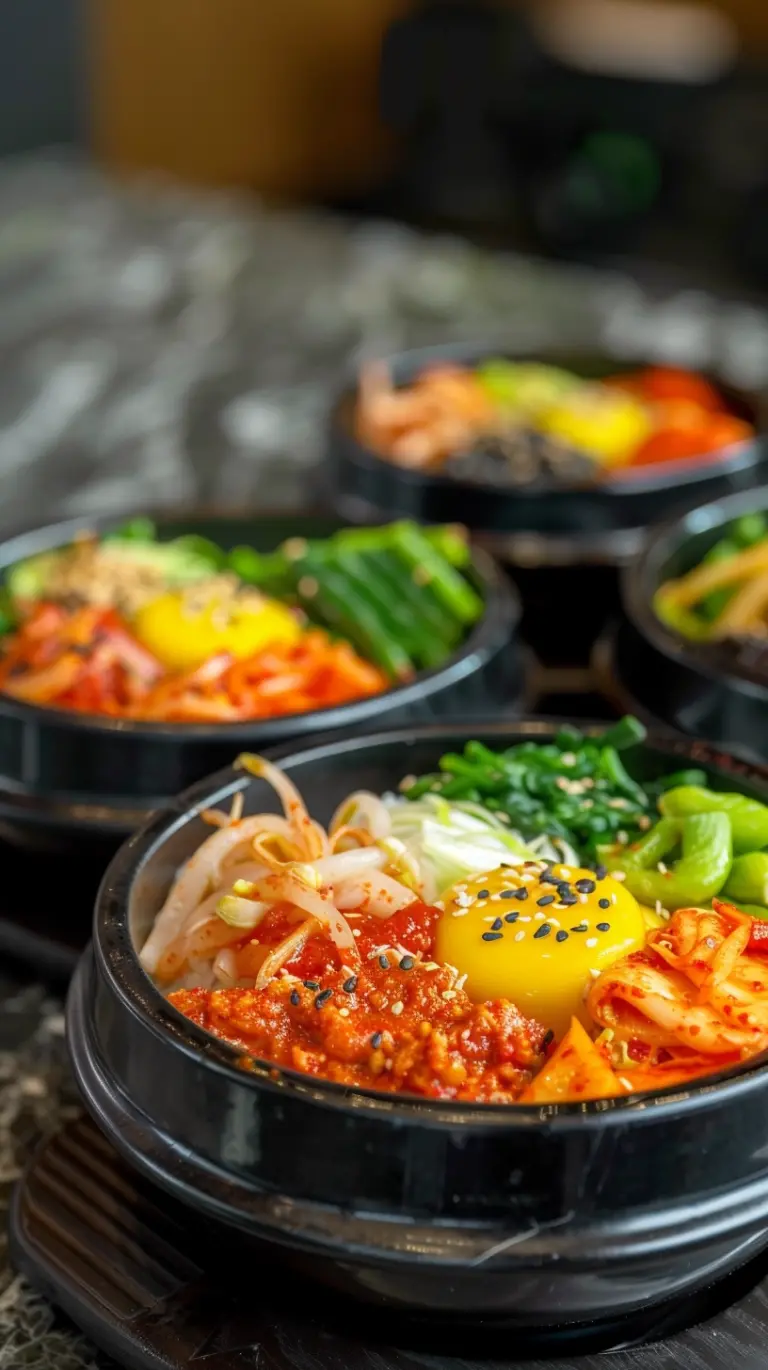 An interactive dining scene with a DIY bibimbap setup, including bowls of various fresh ingredients like spinach, mushrooms, carrots, and bean sprouts, alongside cooked rice and gochujang, inviting guests to create their own customized bibimbap bowls.