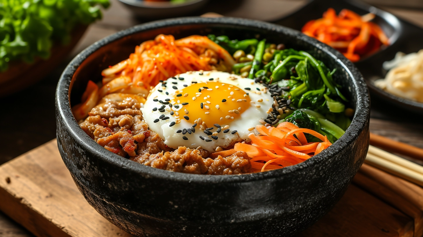 A colorful bowl of bibimbap, showcasing a vibrant assortment of julienned vegetables, slices of marinated beef, and a sunny-side-up egg atop steamed rice, all ready to be mixed with a dollop of spicy gochujang sauce.
