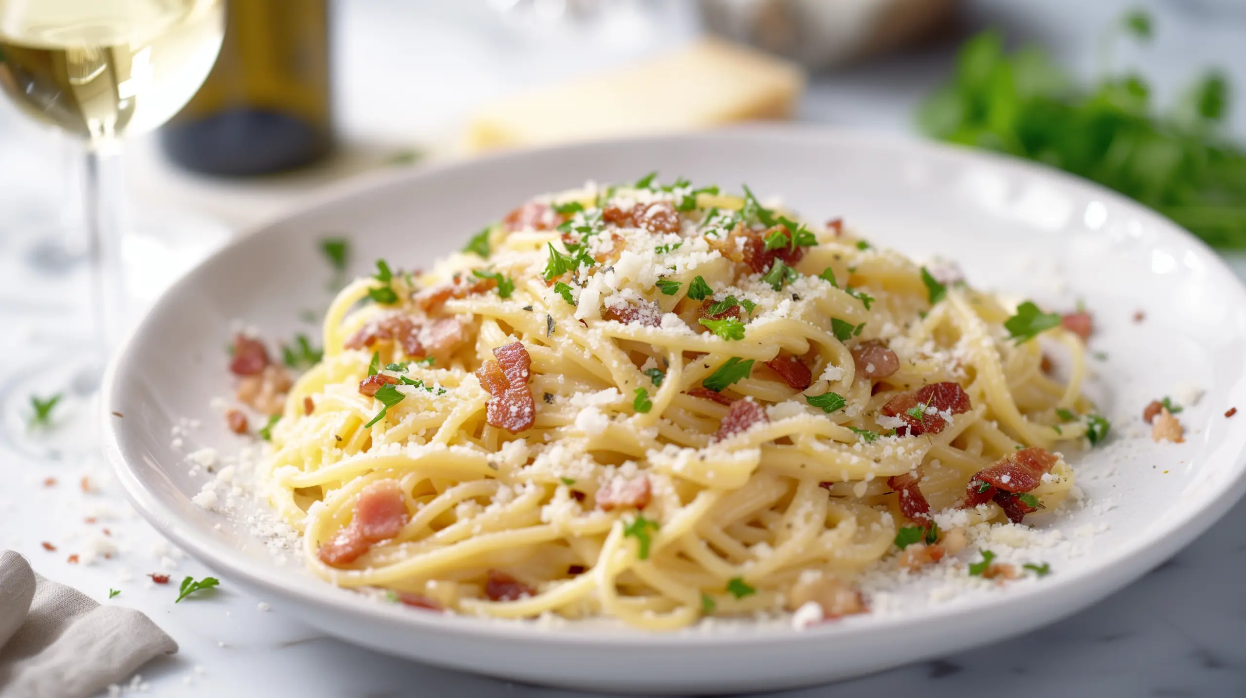 Creamy and flavorful Spaghetti Carbonara served with a sprinkle of freshly ground black pepper.