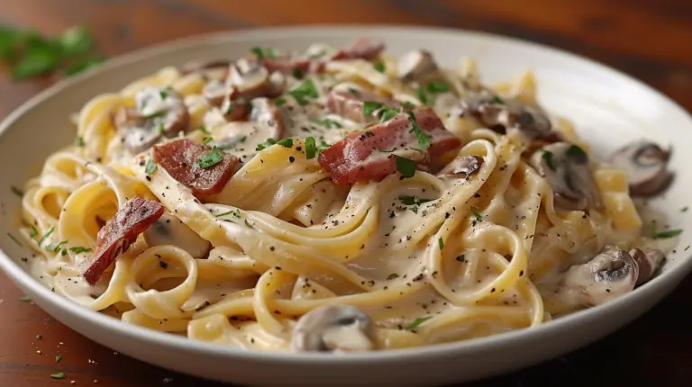 A delicious plate of Spaghetti Carbonara topped with crispy pancetta and grated cheese.