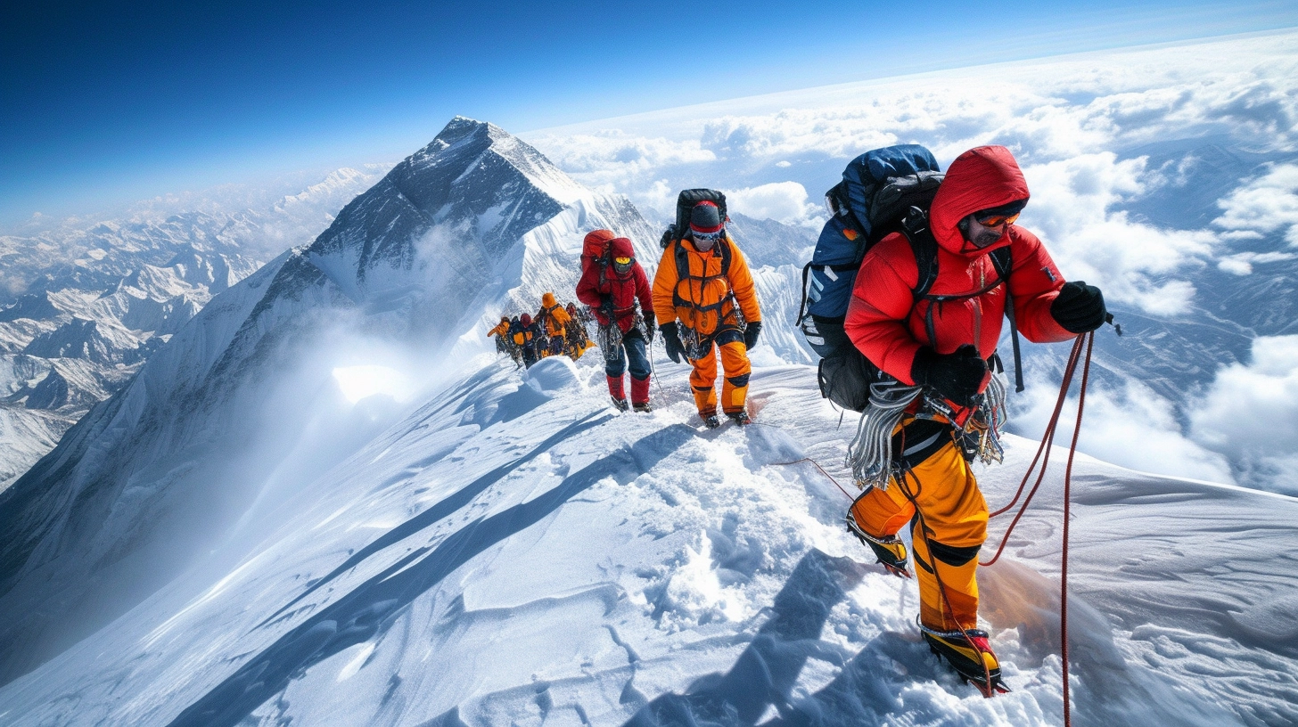 Sherpa guide leading climbers through treacherous terrain