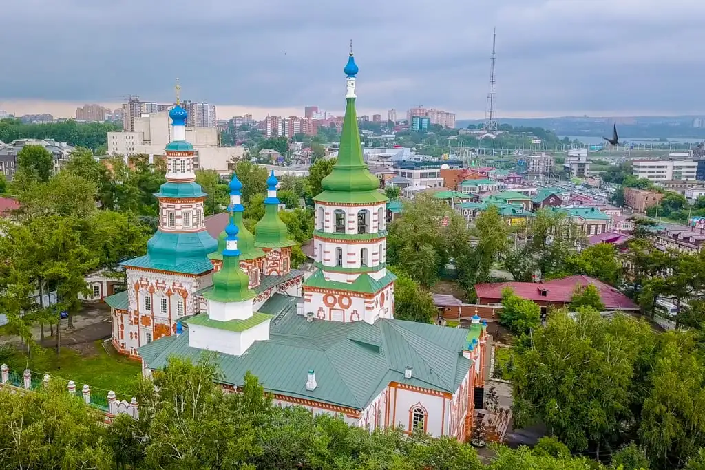 The majestic Epiphany Cathedral in Irkutsk with its unique Baroque architecture and colorful domes.