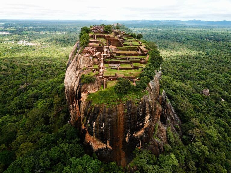 Aerial view of Sigiriya's intricate Water Gardens and moat